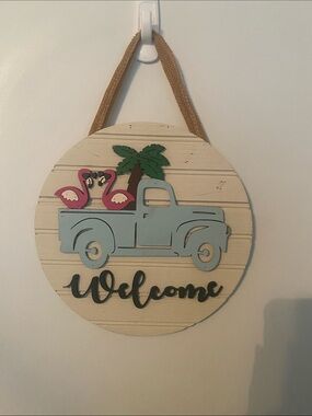 Coastal Welcome Wall Sign with Light Blue Truck and Pink Flamingos